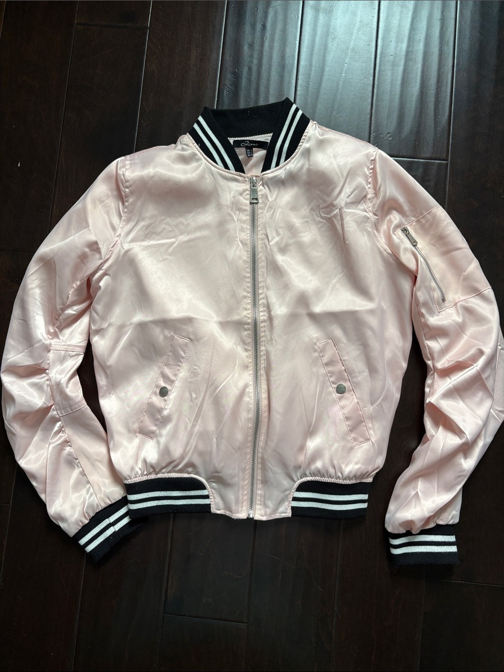 Light Pink Satin Bomber Jacket with Striped Rib Trim